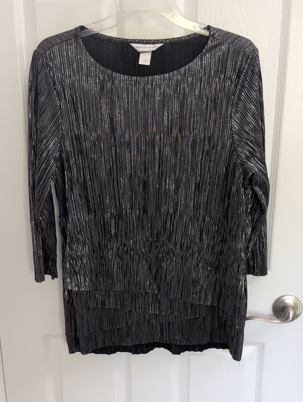 Christopher & Banks Black & Silver Tiered 3/4 Sleeve Blouse - L
